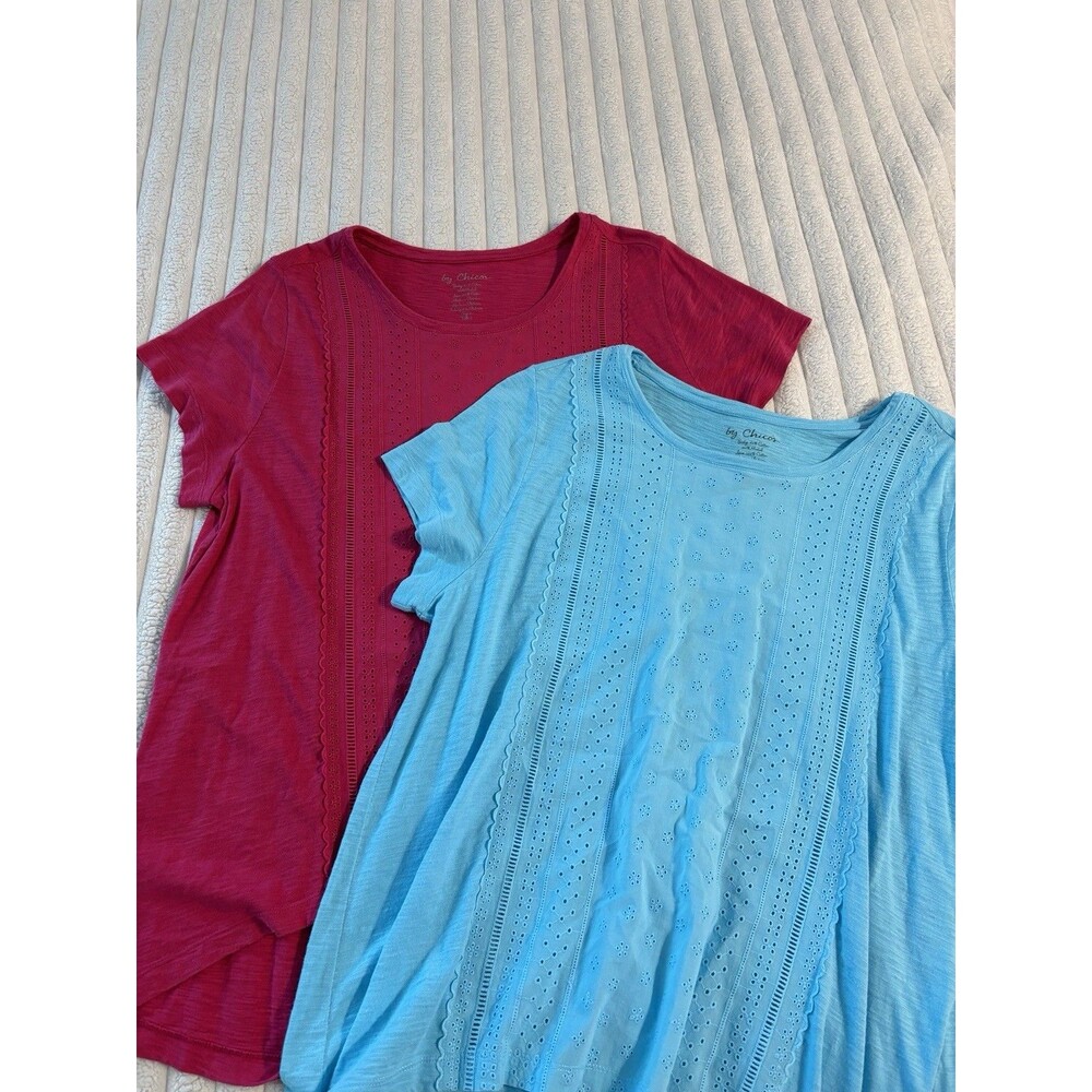2 Pc Chicos Eyelet Lace T Shirt Blouse Tops Women’s XL Hot Pink Aqua Blue Boho